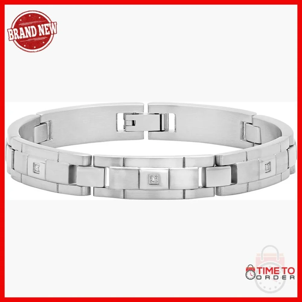 Stainless Steel Men's Bracelet with Diamonds, 8.5 Inch Link Chain
